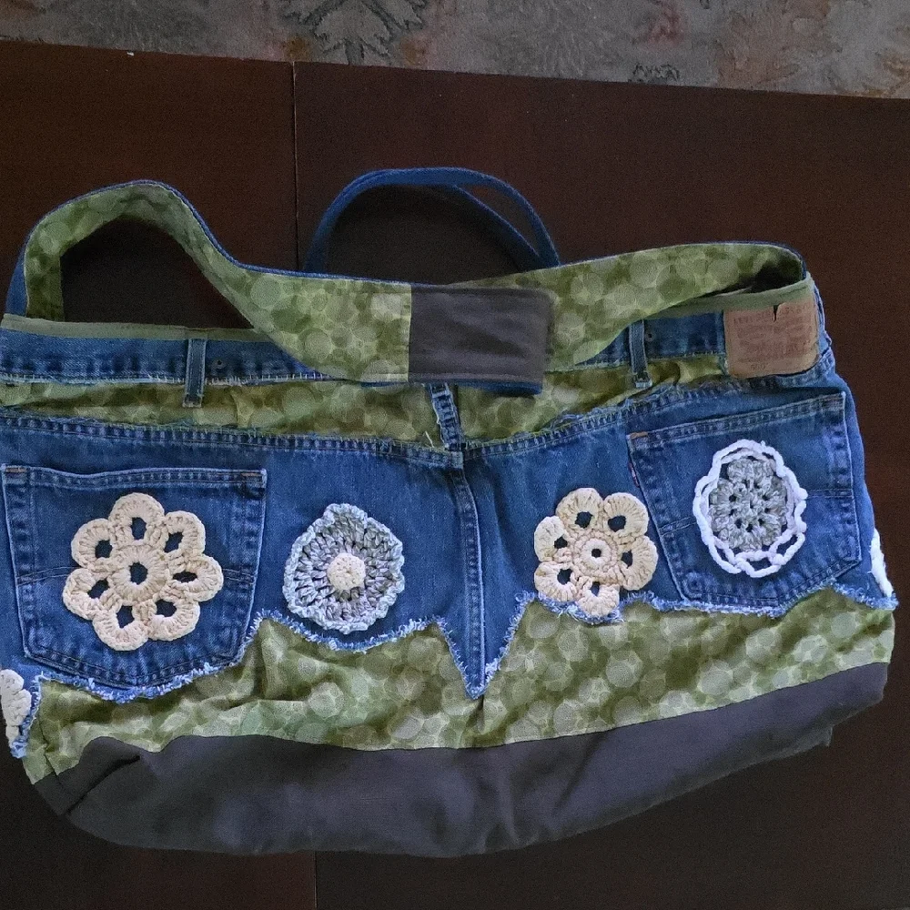 HAND CRAFTED Possible Bag UPCYCLED Blue Denim Jean Crochet Floral 29 X17 Inch - Picture 9 of 15
